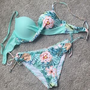 Bikini Teal and Floral Pineapple Set